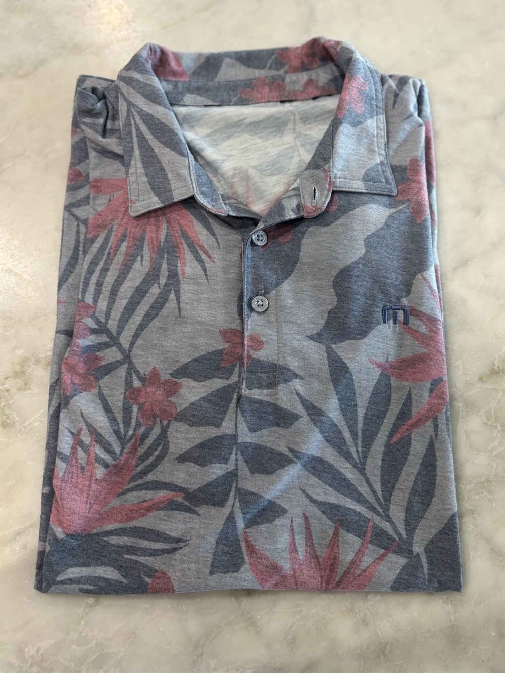 Travis Mathew Heather Blue Polo with Dusty Pink Floral Print